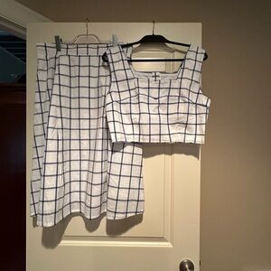 Two-Piece White & Navy Windowpane Set - Crop Top & Skirt